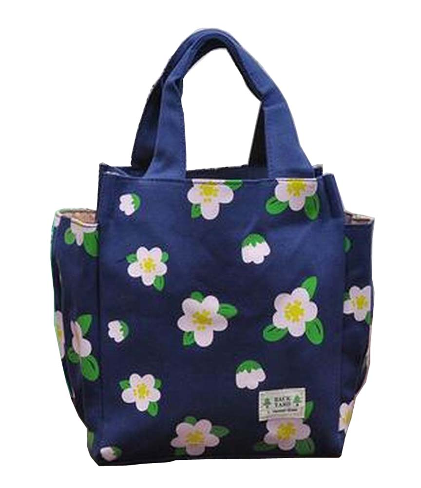 [Navy Flowers] Canvas Lunch Bag Bento Bag Reusable Tote Bag Picnic Bag