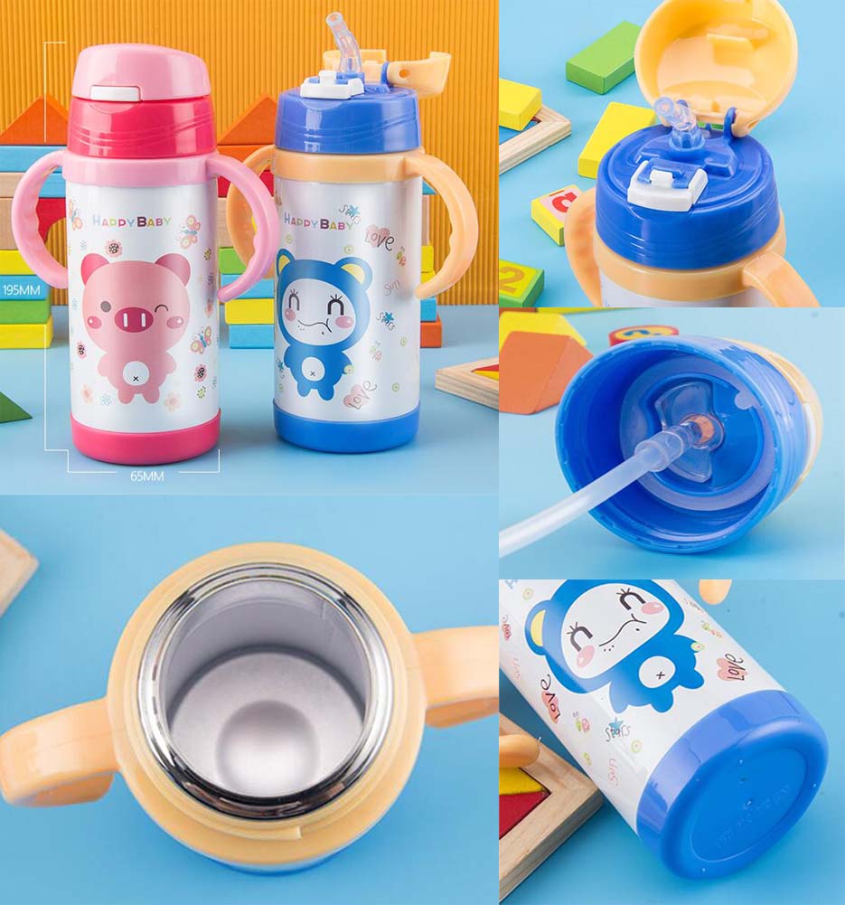 Baby Kids Outdoor Vacuum Cup Insulated Bottle with Straw Handles 350 ML